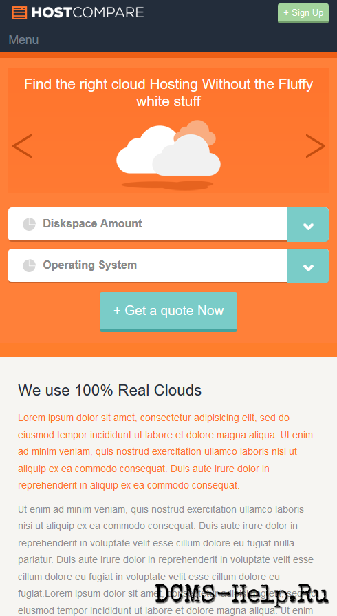 Дизайн хостинга в оранжевом цвете, в основном мобильный.
Есть слайдер-меню, и слайды